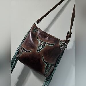 Raviani Western Leather Crossbody - Longhorn Skull & Turquoise Fringe